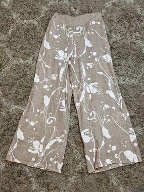 NWT Lands Down Under Wide Leg Abstract Print Linen Pants Dune/White